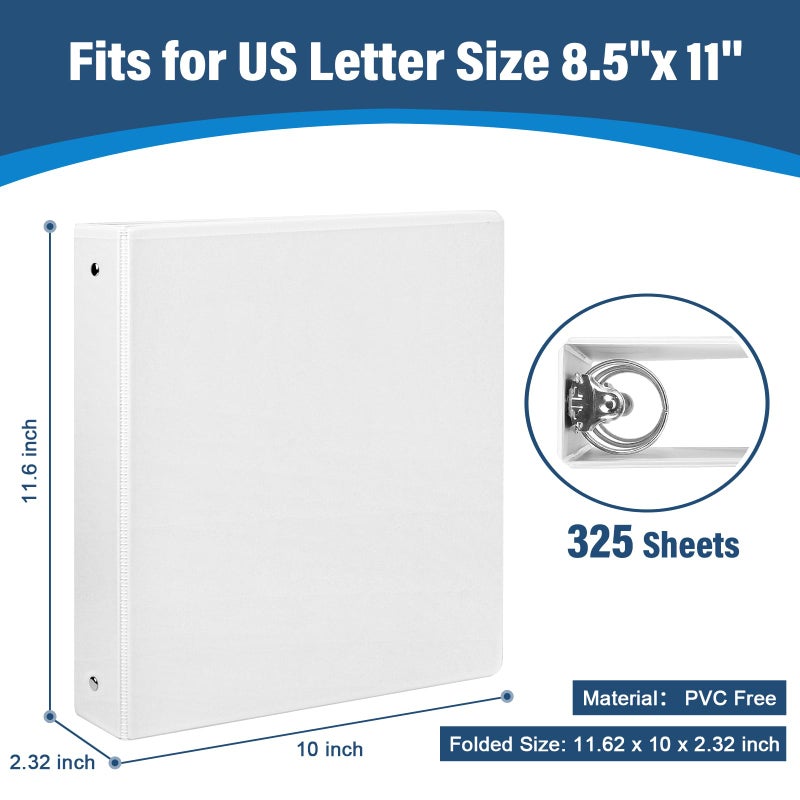 XRUNMIX 1.5-Inch 3-Ring Binder with Pockets, 1-1/2â€™â€™ Premium View Binders with Three Ring Binders Holds up to 325 Sheets US Letter Size, Bulk Pack of 6, Perfect for Home, Office, and School (1.5-inch) White - Image 2