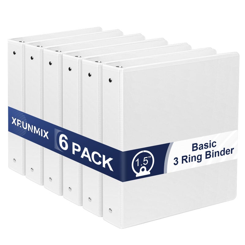 XRUNMIX 1.5-Inch 3-Ring Binder with Pockets, 1-1/2â€™â€™ Premium View Binders with Three Ring Binders Holds up to 325 Sheets US Letter Size, Bulk Pack of 6, Perfect for Home, Office, and School (1.5-inch) White - Image 1