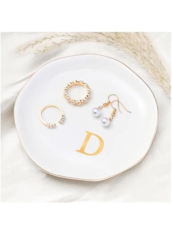 عربست صينية مجوهرات من الخزف، صحن خاتم حفظ مرتبة هدية الخطوبة، صغيرة مخصصة حصيرة حلقة الحروف الأولى للزفاف، صحن مجوهرات أبيض للنساء للزخرفة على المكتب الخاص بهن - الحرف د - Image 1