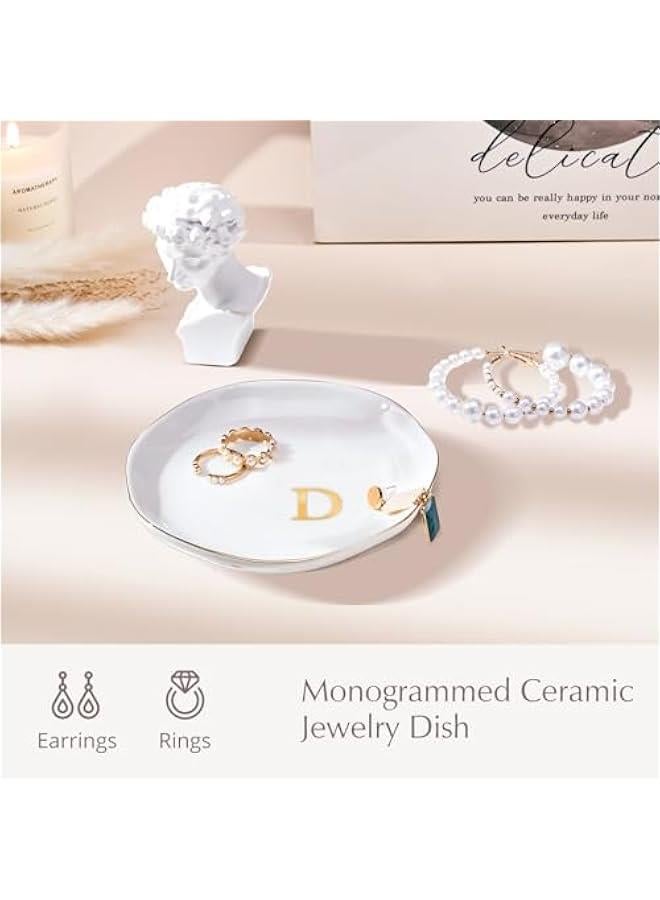 عربست صينية مجوهرات من الخزف، صحن خاتم حفظ مرتبة هدية الخطوبة، صغيرة مخصصة حصيرة حلقة الحروف الأولى للزفاف، صحن مجوهرات أبيض للنساء للزخرفة على المكتب الخاص بهن - الحرف د - Image 2