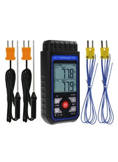 K/J Type Thermocouple Dual Channel Thermometer, T1-T2 Channel Temperature Measurement Wide Range Digital Thermometer with Backlight and Thermocouple Temperature Compensation