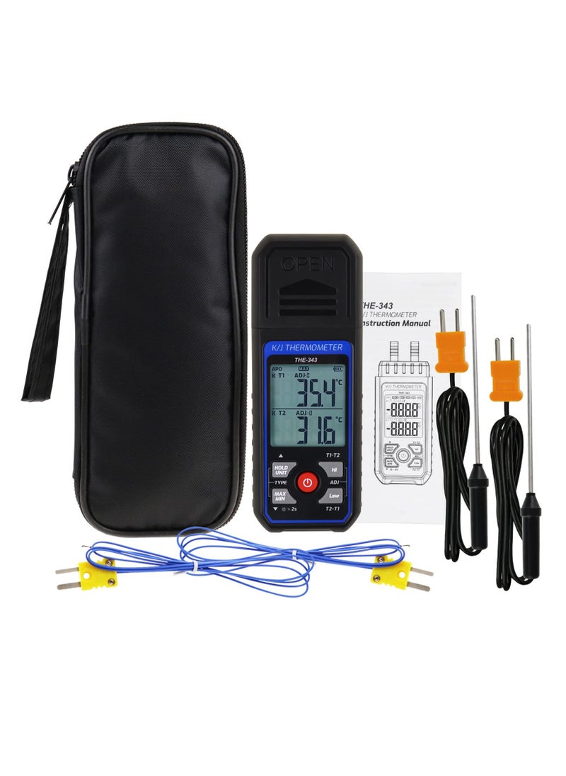 KASTWAVE - K/J Type Thermocouple Dual Channel Thermometer, T1-T2 Channel Temperature Measurement Wide Range Digital Thermometer with Backlight and Thermocouple Temperature Compensation - Image 1