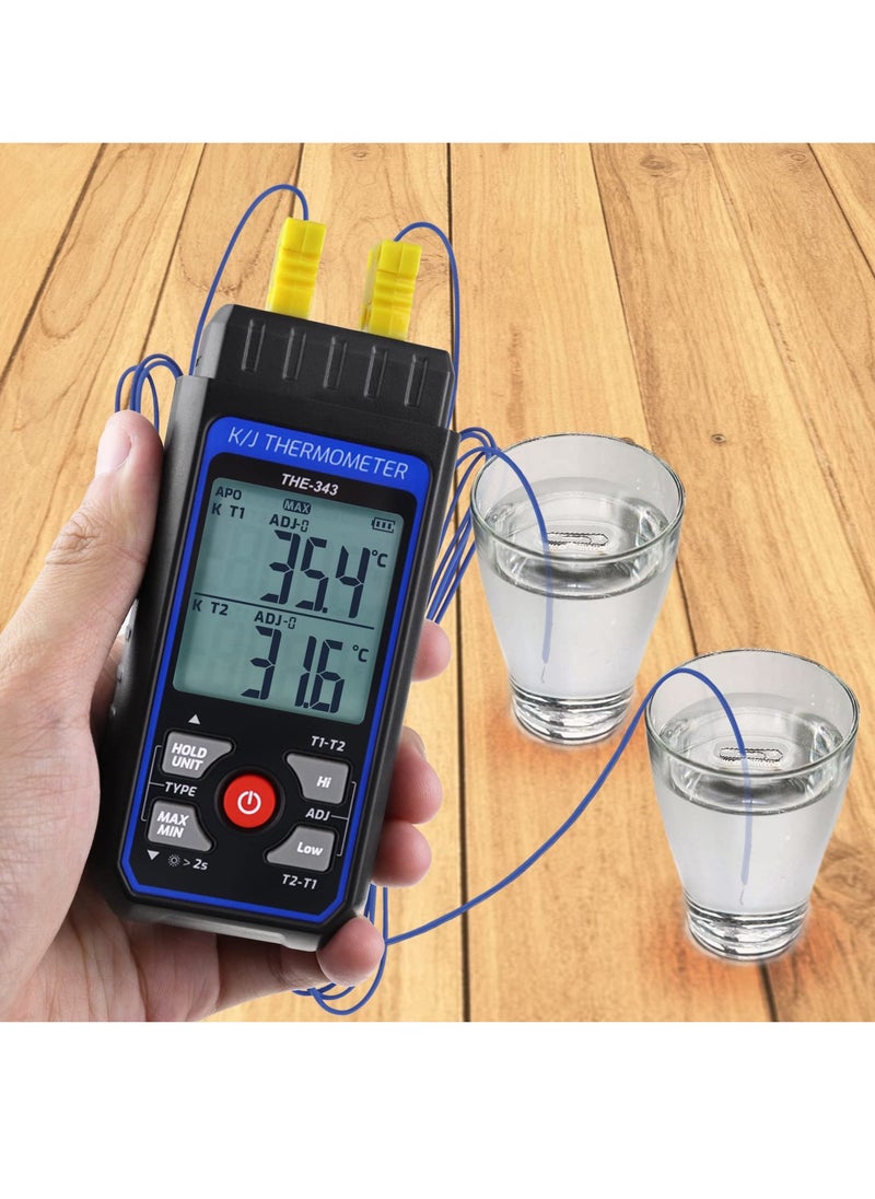 KASTWAVE - K/J Type Thermocouple Dual Channel Thermometer, T1-T2 Channel Temperature Measurement Wide Range Digital Thermometer with Backlight and Thermocouple Temperature Compensation - Image 1