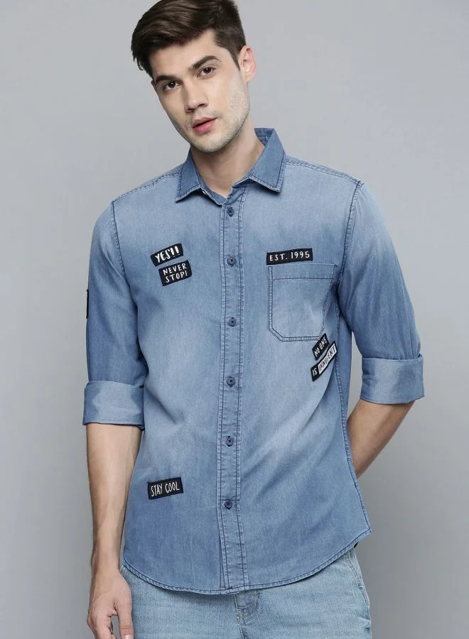 شركة المرآب الهندية Men Slim Fit Solid Full Sleeves Cutaway Collar Casual Denim Shirt