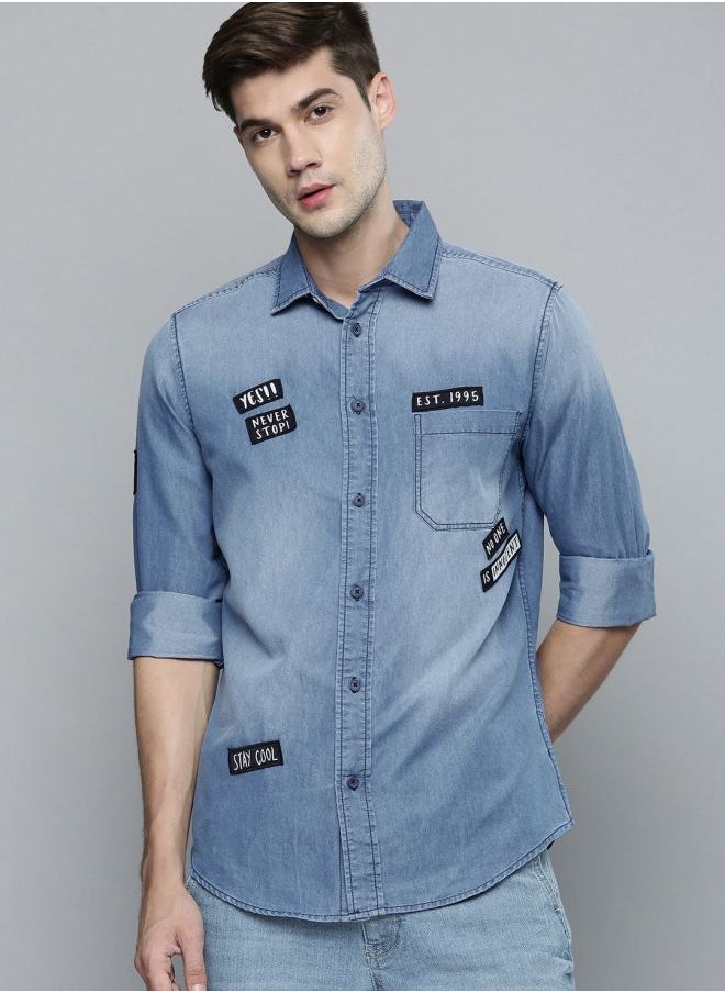 The Indian Garage Co Men Slim Fit Solid Full Sleeves Cutaway Collar Casual Denim Shirt  - Image 3