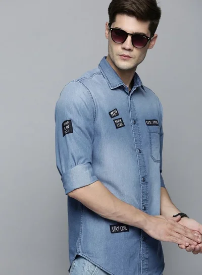 شركة المرآب الهندية Men Slim Fit Solid Full Sleeves Cutaway Collar Casual Denim Shirt