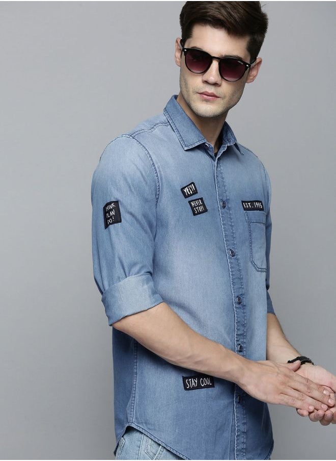 The Indian Garage Co Men Slim Fit Solid Full Sleeves Cutaway Collar Casual Denim Shirt  - Image 1