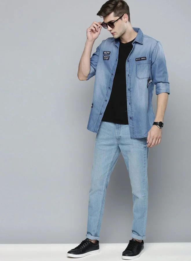 شركة المرآب الهندية Men Slim Fit Solid Full Sleeves Cutaway Collar Casual Denim Shirt