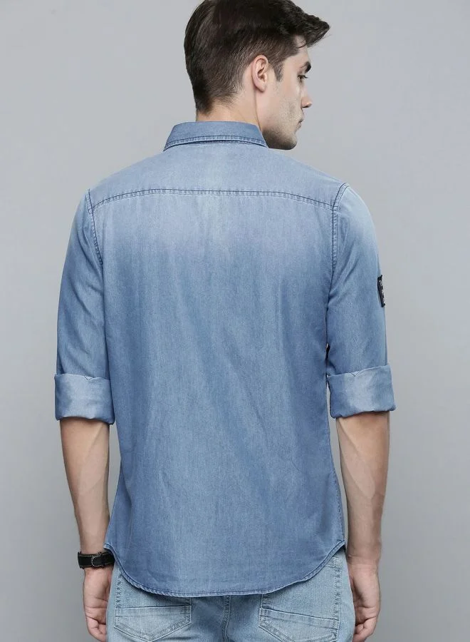 شركة المرآب الهندية Men Slim Fit Solid Full Sleeves Cutaway Collar Casual Denim Shirt