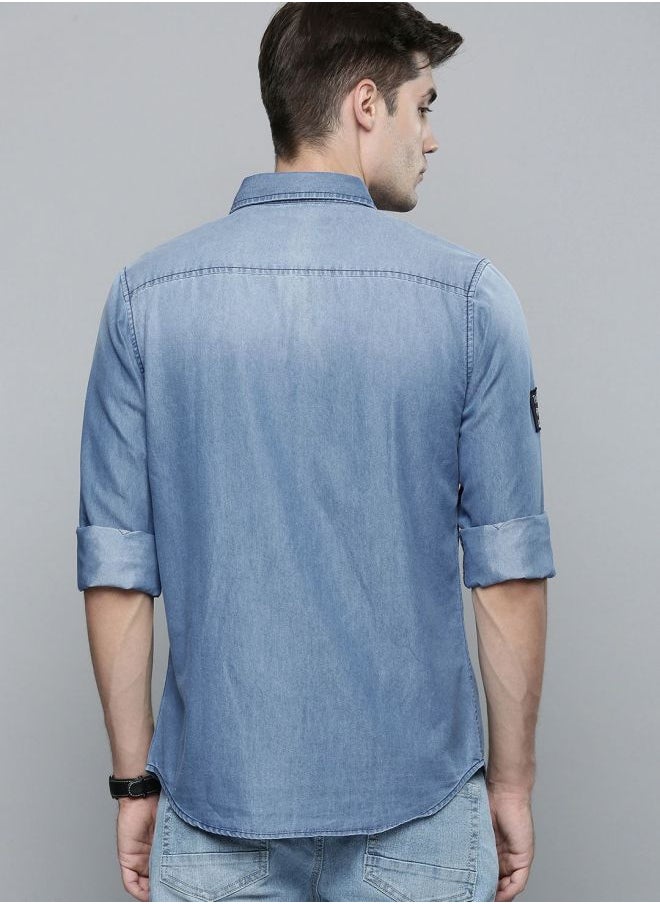 The Indian Garage Co Men Slim Fit Solid Full Sleeves Cutaway Collar Casual Denim Shirt  - Image 2