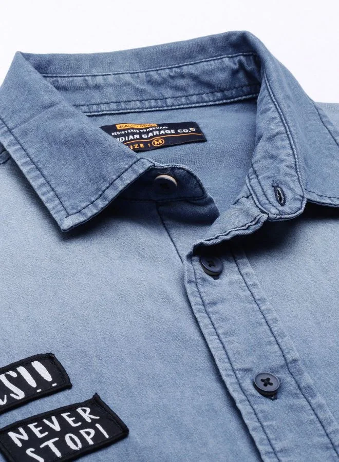 شركة المرآب الهندية Men Slim Fit Solid Full Sleeves Cutaway Collar Casual Denim Shirt