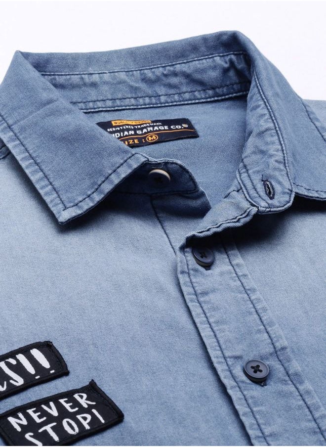 The Indian Garage Co Men Slim Fit Solid Full Sleeves Cutaway Collar Casual Denim Shirt  - Image 4