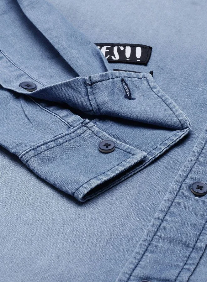 شركة المرآب الهندية Men Slim Fit Solid Full Sleeves Cutaway Collar Casual Denim Shirt