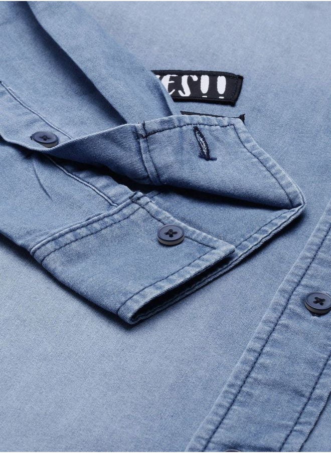 The Indian Garage Co Men Slim Fit Solid Full Sleeves Cutaway Collar Casual Denim Shirt  - Image 5