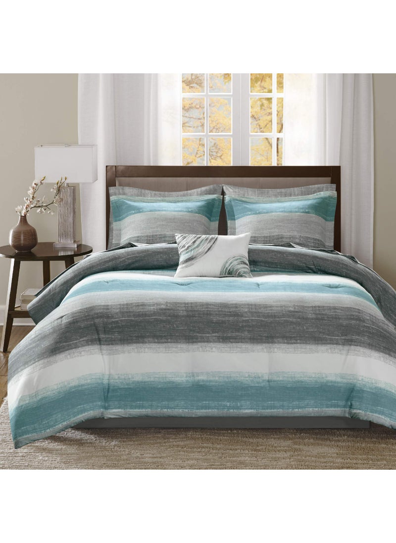 madison park Madison Park Essentials Queen Comforter Set Bed in a Bag Queen Watercolor Print Coastal Comforter  Chambray Cotton Sheet Set All Season Bedding Set Saben Aqua Queen 90 in x 90 in 9 Piece 