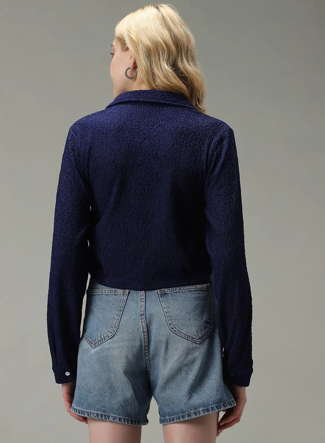 Outzidr  Navy Blue Textured Ruched Crop Shirt for Women | Best Price UAE
