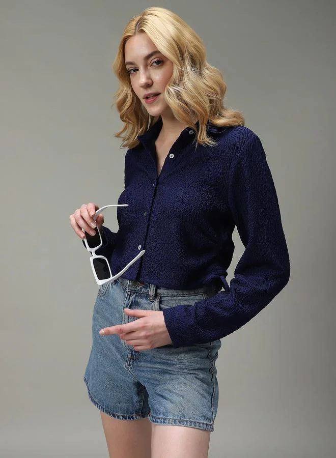 Outzidr  Navy Blue Textured Ruched Crop Shirt for Women | Best Price UAE