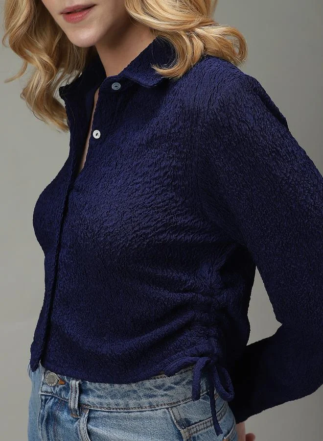 Outzidr  Navy Blue Textured Ruched Crop Shirt for Women | Best Price UAE