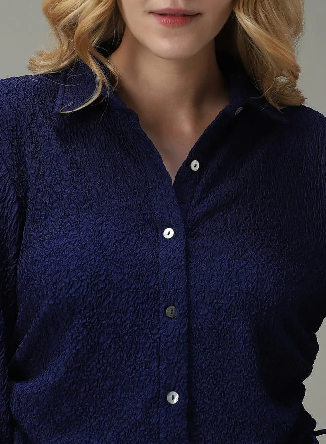 Outzidr  Navy Blue Textured Ruched Crop Shirt for Women | Best Price UAE