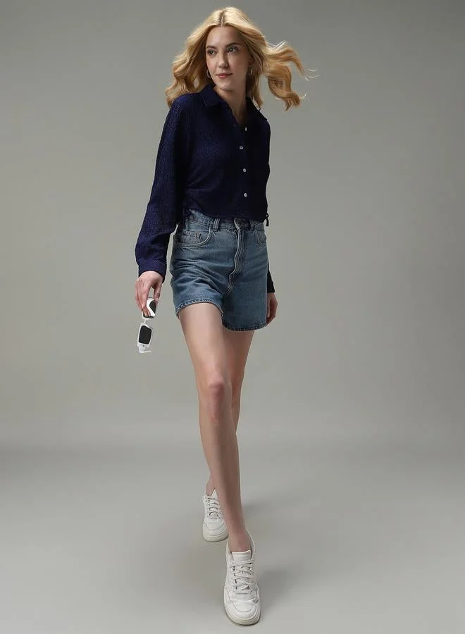 Outzidr  Navy Blue Textured Ruched Crop Shirt for Women | Best Price UAE