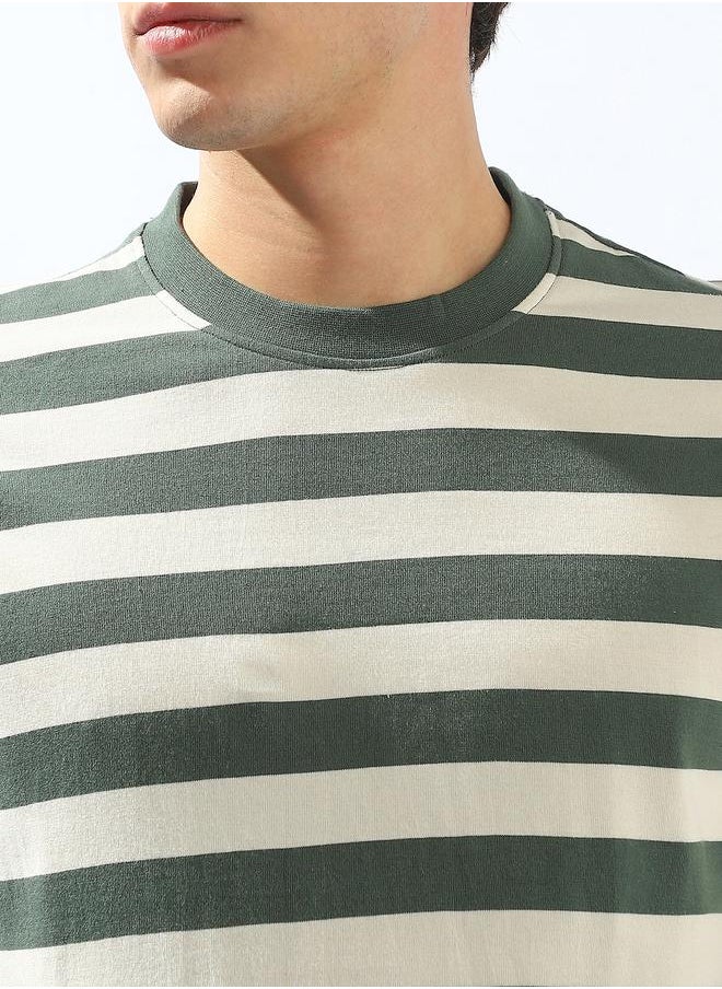 HIGH STAR Men's Green 100% Cotton Striped Regular Fit T-Shirt  - Image 5