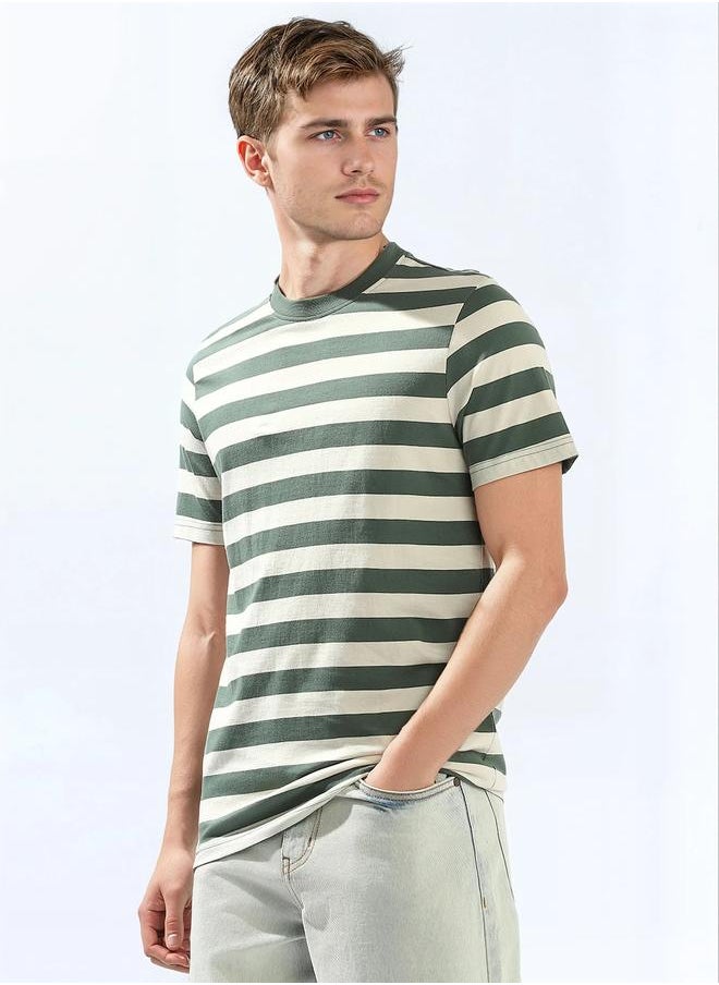 HIGH STAR Men's Green 100% Cotton Striped Regular Fit T-Shirt  - Image 3