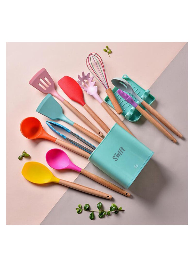 Swift - 13 Pcs Silicone Cooking Utensil Set, Spatulas Nonstick Heat Resistant Cookware Set, Wooden Handle with Storage Bucket Multicolour - Image 1