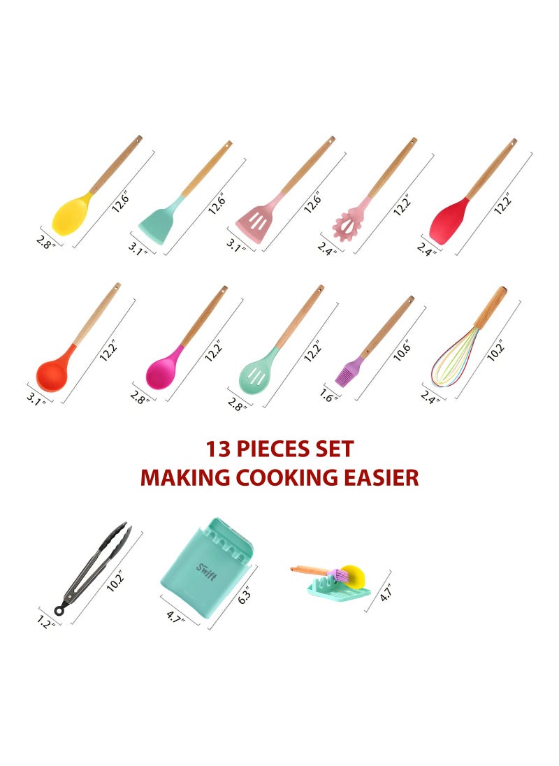 Swift - 13 Pcs Silicone Cooking Utensil Set, Spatulas Nonstick Heat Resistant Cookware Set, Wooden Handle with Storage Bucket Multicolour - Image 1