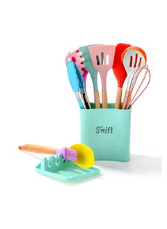 Swift 13 Pcs Silicone Cooking Utensil Set, Spatulas Nonstick Heat Resistant Cookware Set, Wooden Handle with Storage Bucket Multicolour  - Image 1