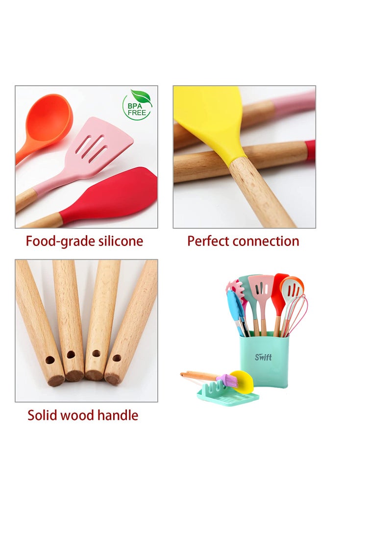 Swift - 13 Pcs Silicone Cooking Utensil Set, Spatulas Nonstick Heat Resistant Cookware Set, Wooden Handle with Storage Bucket Multicolour - Image 1