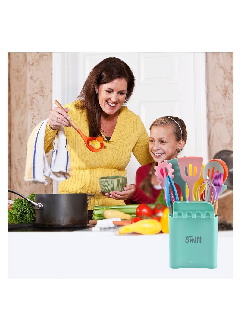 Swift - 13 Pcs Silicone Cooking Utensil Set, Spatulas Nonstick Heat Resistant Cookware Set, Wooden Handle with Storage Bucket Multicolour - Image 1
