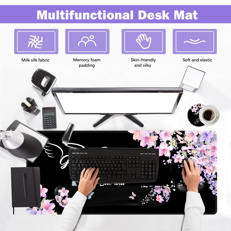 ARTSO Large Mouse Pad Ergonomic Keyboard Wrist Rest Support Combo, Psalm 46:5 God is Within Her, She Will not Fall -Bible Verse Flower Butterfly Extended Desk Mat Blotter - Image 3