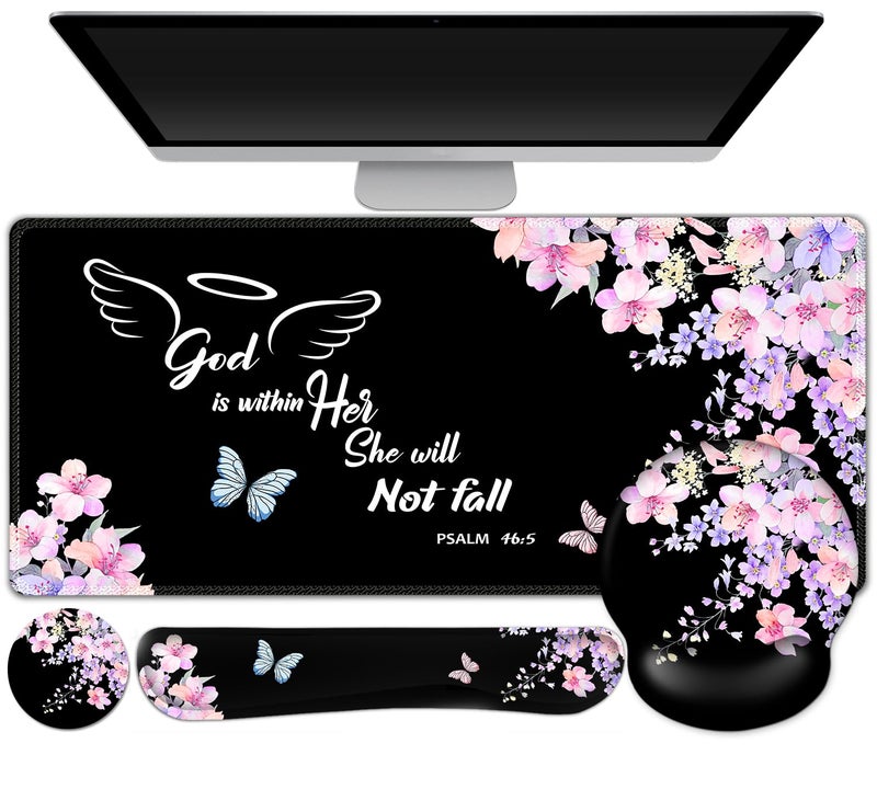 ARTSO Large Mouse Pad Ergonomic Keyboard Wrist Rest Support Combo, Psalm 46:5 God is Within Her, She Will not Fall -Bible Verse Flower Butterfly Extended Desk Mat Blotter - Image 1