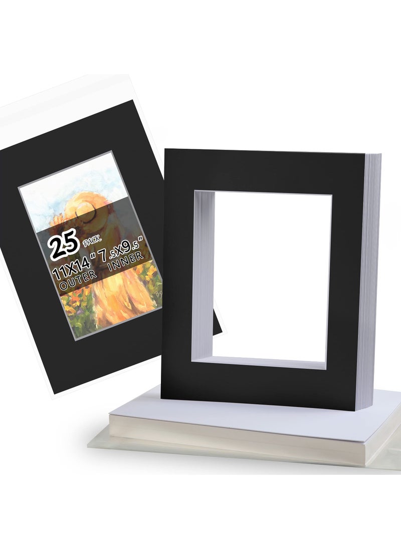 Falling In art Acid Free 25 Pack 11x14 PreCut Mat Board Show Kit for 8x10 Photos Prints or Artworks 25 Core Bevel Cut Matts and 25 Backing Boards and 25 Crystal Plastic Bags Black 