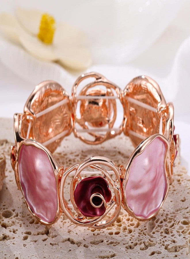 LUREME Rose Flower Bracelet for Women - Colorful Gold Enamel Stretch Bracelet, Adjustable Elastic Metal Bangle, Boho Chic Jewelry (bl003604-4) - Image 4