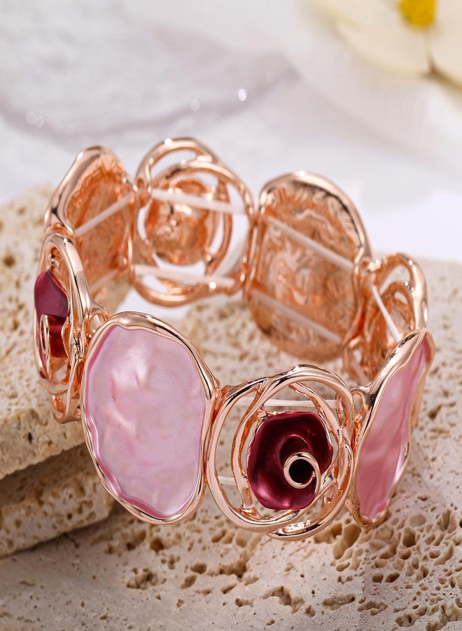 LUREME Rose Flower Bracelet for Women - Colorful Gold Enamel Stretch Bracelet, Adjustable Elastic Metal Bangle, Boho Chic Jewelry (bl003604-4) - Image 5