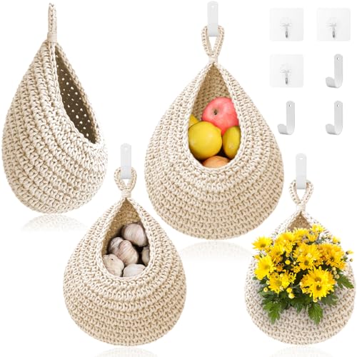 OGOTEZ Hanging Fruit Baskets for Kitchen - 3 Pack Boho Wall Hanging Basket with 6 Pcs Strong Hooks, Handwoven Onion Storage Teardrop Home Onion Basket for Fruits Vegetable Potato Kitchen Storage (White) - Image 1
