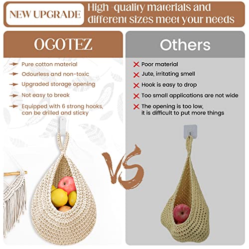 OGOTEZ Hanging Fruit Baskets for Kitchen - 3 Pack Boho Wall Hanging Basket with 6 Pcs Strong Hooks, Handwoven Onion Storage Teardrop Home Onion Basket for Fruits Vegetable Potato Kitchen Storage (White) - Image 2