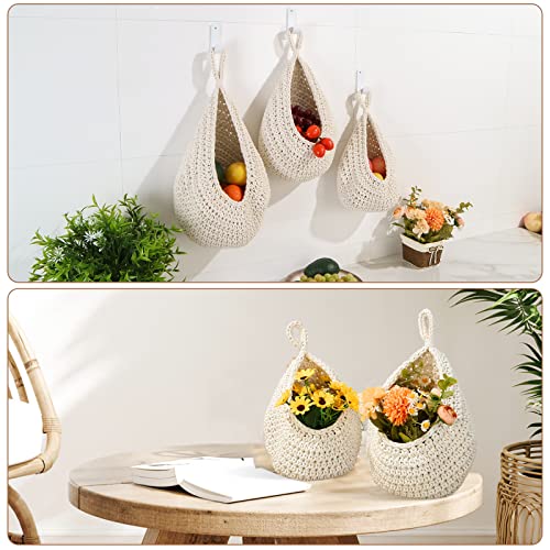 OGOTEZ Hanging Fruit Baskets for Kitchen - 3 Pack Boho Wall Hanging Basket with 6 Pcs Strong Hooks, Handwoven Onion Storage Teardrop Home Onion Basket for Fruits Vegetable Potato Kitchen Storage (White) - Image 5