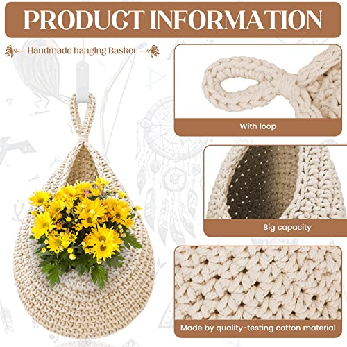 OGOTEZ Hanging Fruit Baskets for Kitchen - 3 Pack Boho Wall Hanging Basket with 6 Pcs Strong Hooks, Handwoven Onion Storage Teardrop Home Onion Basket for Fruits Vegetable Potato Kitchen Storage (White) - Image 3