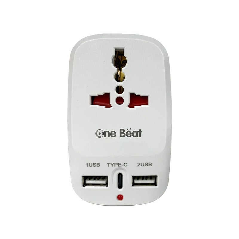 One Beat Universal Travel Adapter - Compact All-in-One Adapter with USB Type-C, 2 Smart USB Ports (2.4A), and Universal Socket for Global Compatibility. - Image 1
