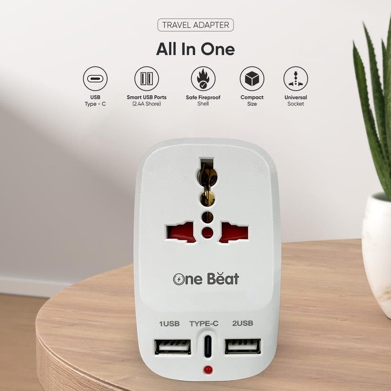 One Beat Universal Travel Adapter - Compact All-in-One Adapter with USB Type-C, 2 Smart USB Ports (2.4A), and Universal Socket for Global Compatibility. - Image 3
