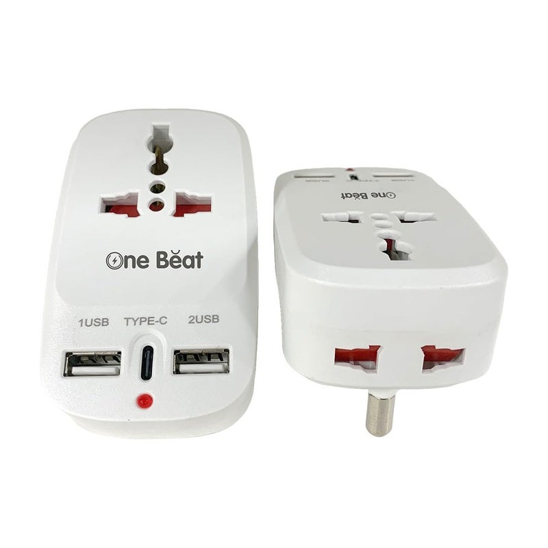 One Beat Universal Travel Adapter - Compact All-in-One Adapter with USB Type-C, 2 Smart USB Ports (2.4A), and Universal Socket for Global Compatibility. - Image 2
