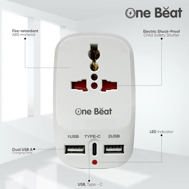 One Beat Universal Travel Adapter - Compact All-in-One Adapter with USB Type-C, 2 Smart USB Ports (2.4A), and Universal Socket for Global Compatibility. - Image 5