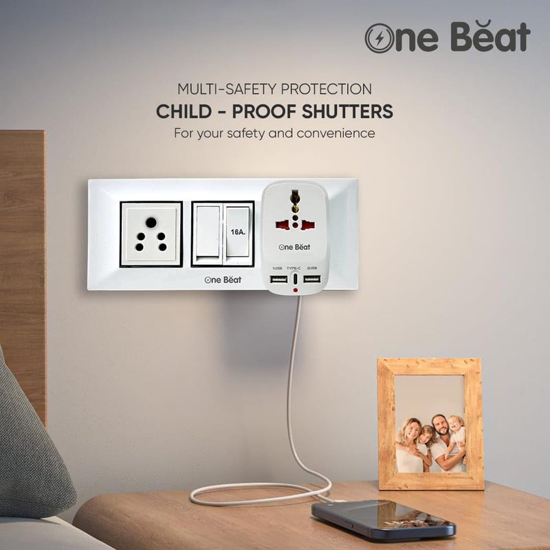 One Beat Universal Travel Adapter - Compact All-in-One Adapter with USB Type-C, 2 Smart USB Ports (2.4A), and Universal Socket for Global Compatibility. - Image 4