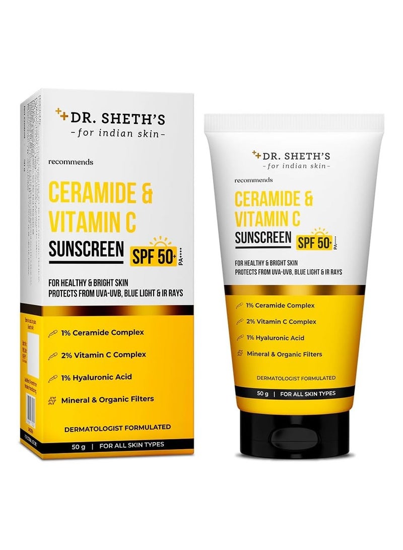 Dr. Sheth's Ceramide And Vitamin C Long lasting Sunscreen SPF 50+ PA++++|For 6 hrs Advanced UV And Tan Protection|No White Cast, Water And Sweat-Resistant|Non-Greasy And Quick-Absorbing |For Women And Men |50g - Image 1