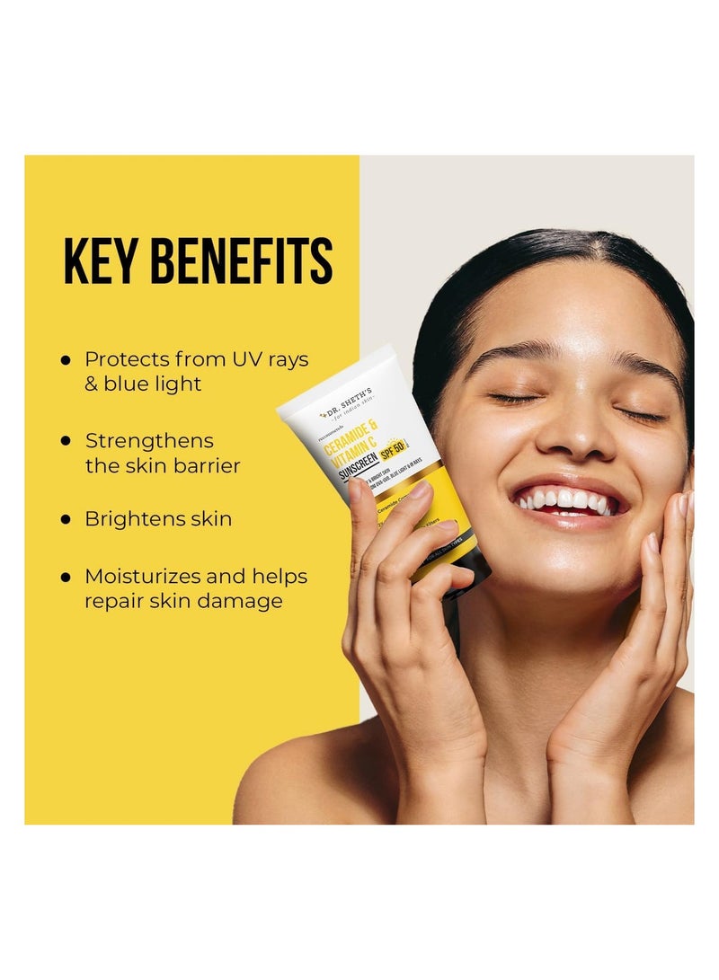 Dr. Sheth's Ceramide And Vitamin C Long lasting Sunscreen SPF 50+ PA++++|For 6 hrs Advanced UV And Tan Protection|No White Cast, Water And Sweat-Resistant|Non-Greasy And Quick-Absorbing |For Women And Men |50g - Image 2