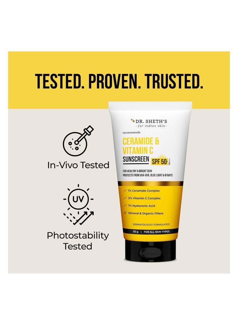Dr. Sheth's Ceramide And Vitamin C Long lasting Sunscreen SPF 50+ PA++++|For 6 hrs Advanced UV And Tan Protection|No White Cast, Water And Sweat-Resistant|Non-Greasy And Quick-Absorbing |For Women And Men |50g - Image 3