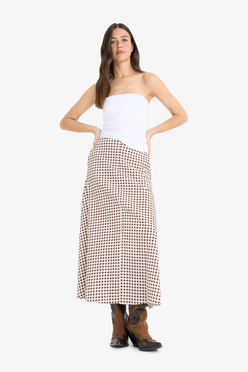 DeFacto A Cut Gingham Normal Waist Seersucker Textured Maxi Skirt