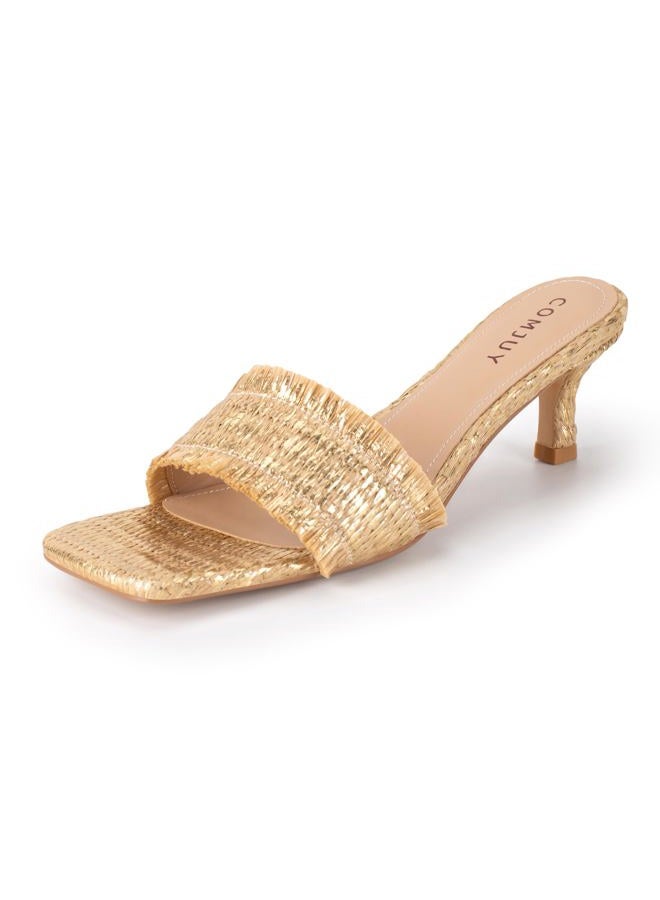 COMJUY Women's Woven Straw Kitten Heel Slide Sandals, Natural, Square Toe, Golden, 8 - Image 1